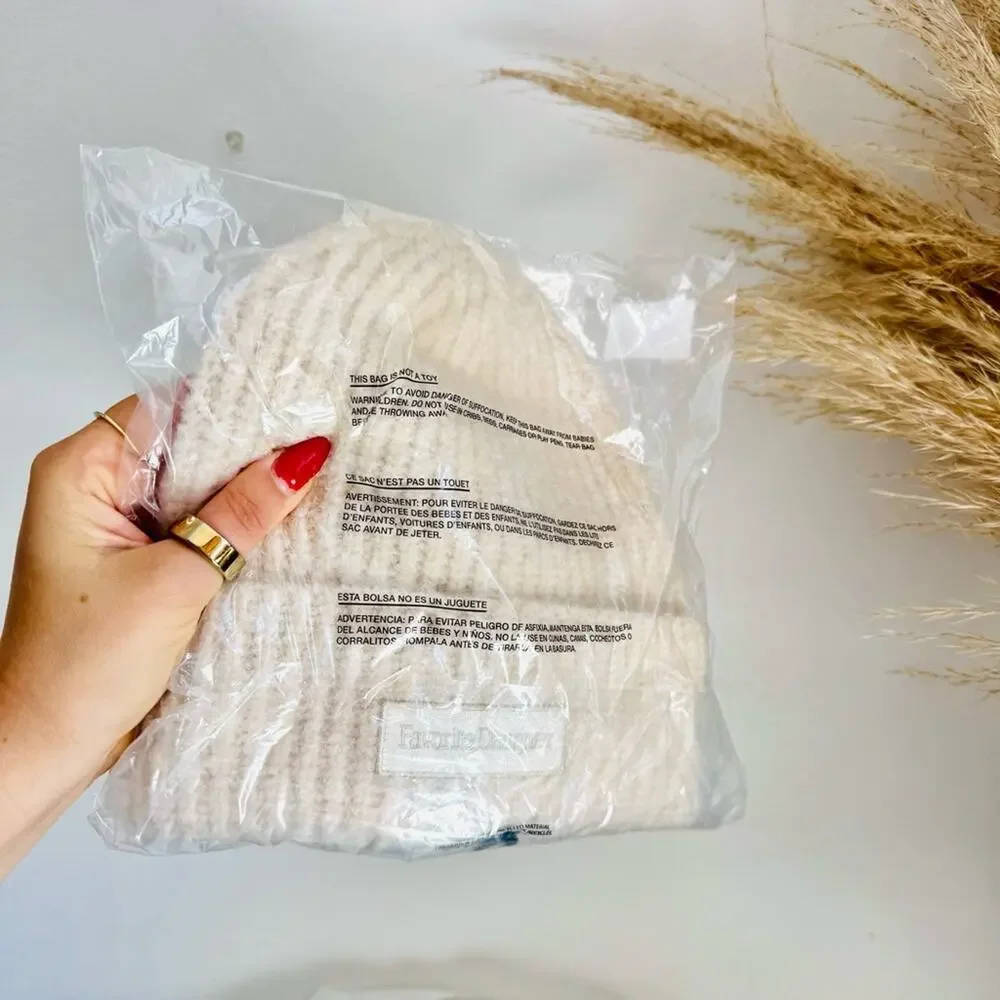 NEW FAVORITE DAUGHTER Cream Beige Tan Logo Ribbed Knit Cuff $78 Beanie Hat Cap